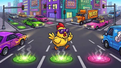 Chicken Road 2 art with a chicken crossing a busy road