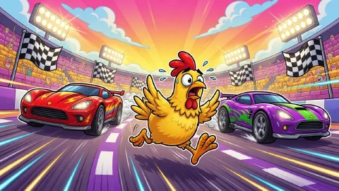Chicken Road Race art with race cars on a track